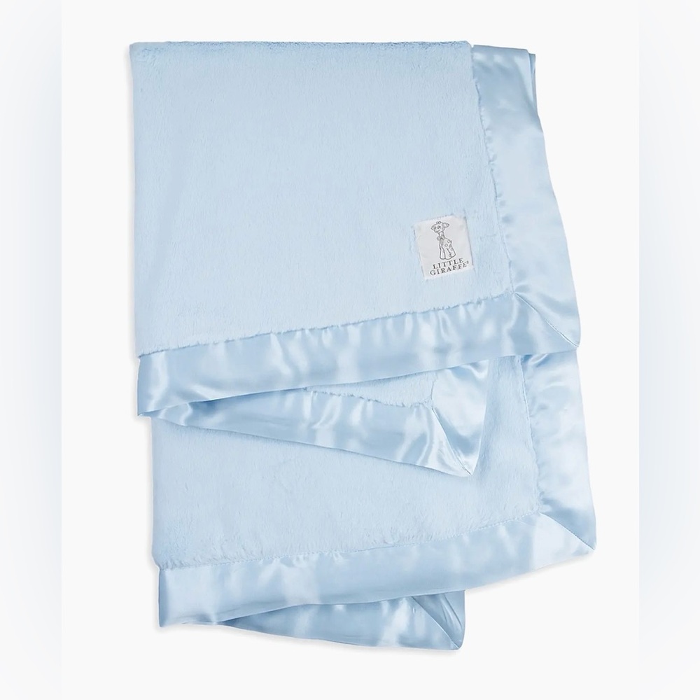 Little Giraffe Baby Blue Chenille Satin Fuzzy Comfy Blanket